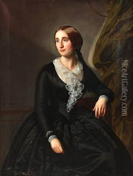 Portrait Of An Actress At The Royal. Theatre Mrs. Erhardine Adolphine Hansen (1815-1893) Wearing Black Dress With White Fichu And Jewelry Oil Painting - David Monies
