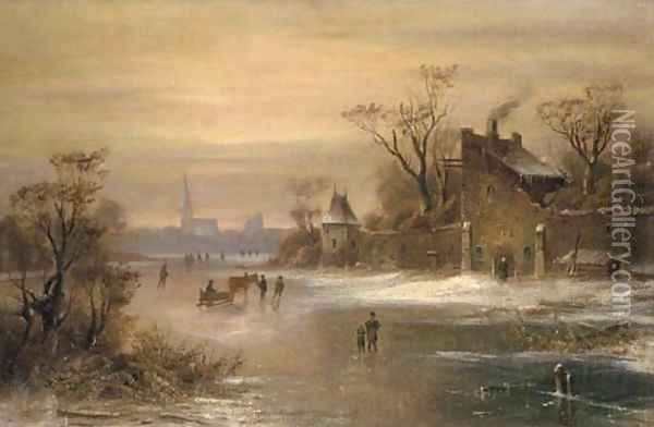 Skaters and a horse-drawn sledge on a frozen river Oil Painting - Charles Henri Joseph Leickert