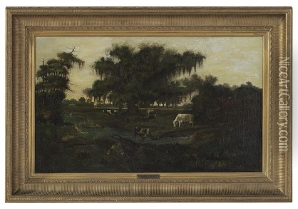 Louisiana Bayou Settlement With Cattle, Probably Bayou Teche, Oaklawn Plantation, Now Oaklawn Manor, Franklin, Louisiana Oil Painting - William Henry Buck