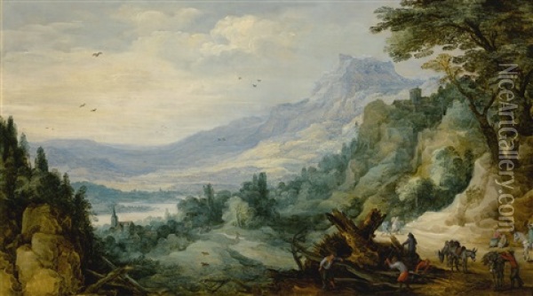 Mountain Landscape With Woodcutters Oil Painting - Joos de Momper the Younger