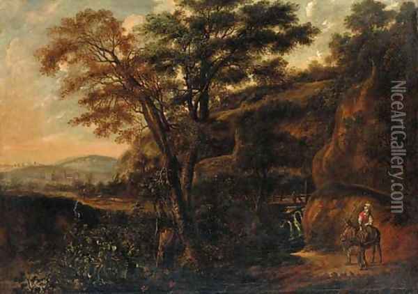A wooded landscape with a traveller on a donkey Oil Painting - Jan Lagoor