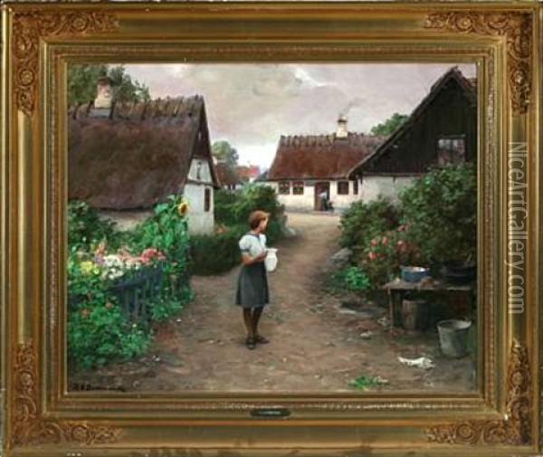 Small Village Life With A Girl Oil Painting - Hans Andersen Brendekilde