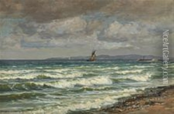 Seascape With Sailing Boats Along Coast Oil Painting - Vilhelm Karl Ferdinand Arnesen