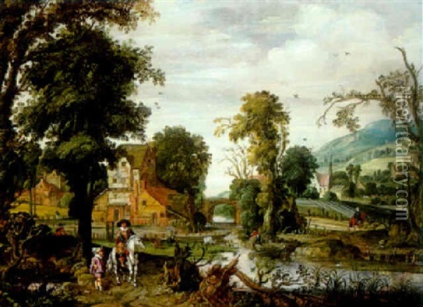 Paysage Fluvial Avec Cavalier Et Gentilhomme Sur Une Chemin Creux Oil Painting - Reyer Claesz Suycker