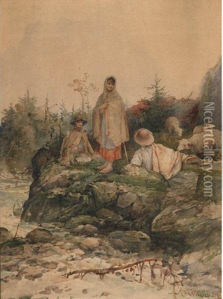 Young Sheep Herders Resting On A Rocky Shore Oil Painting - Czeslaw Boris Jankowski