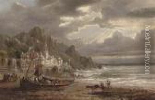 Fisherfolk On The Shore Oil Painting - Felice A. Rezia