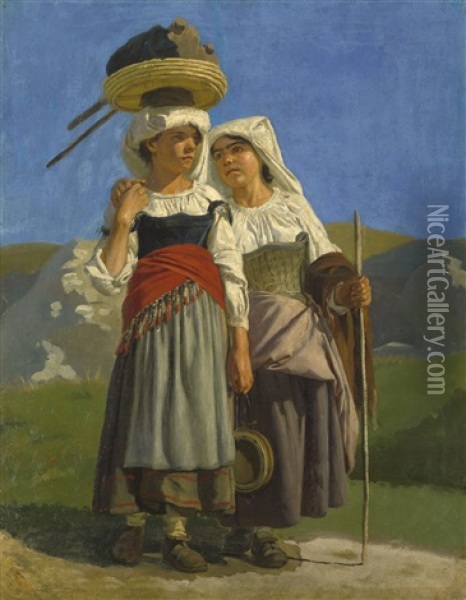 Zwei Romische Madchen Bei Cervara Oil Painting - August Weckesser