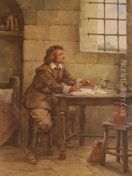 John Bunyan In His Prison Cell Writing Pilgrims Progress Oil Painting - Evelyn Stuart Hardy