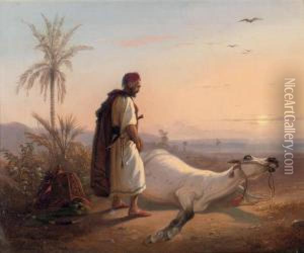 An Arabic Horseman And His Horse In The Desert Oil Painting - Raden Sjarief B. Saleh