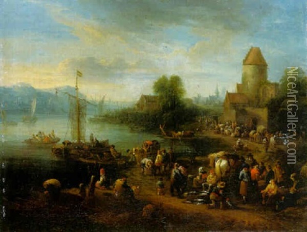 A Village On An Estuary With Fishermen Unloading Their Catch Oil Painting - Theobald Michau