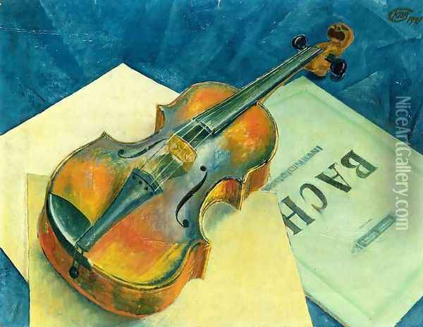 Still Life with a Violin, 1921 Oil Painting - Kuzma Sergeevich Petrov-Vodkin