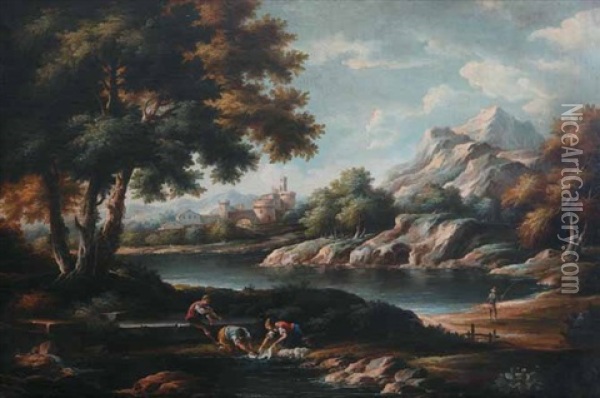 Paesaggio Fluviale Con Lavandaie In Primo Piano E Borgo Turrito In Lontananza Oil Painting - Antonio Francesco Peruzzini