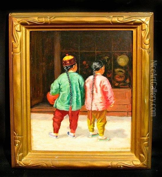 Two Figures Window Shopping Oil Painting - Robert Dudley Fullonton