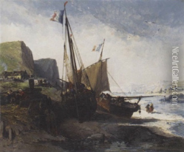 Dutch Fishing Boats Moored On The Shore Oil Painting - Jules Achille Noel
