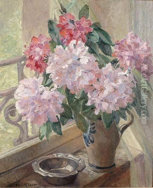 Still Life Of Flowers In A Vase With Pewter Bowl Oil Painting - Jules Merckaert