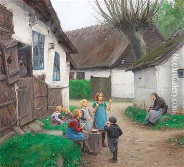 Landsbygade Med Born, Der Blaeser Saebebobler Oil Painting - Hans Andersen Brendekilde