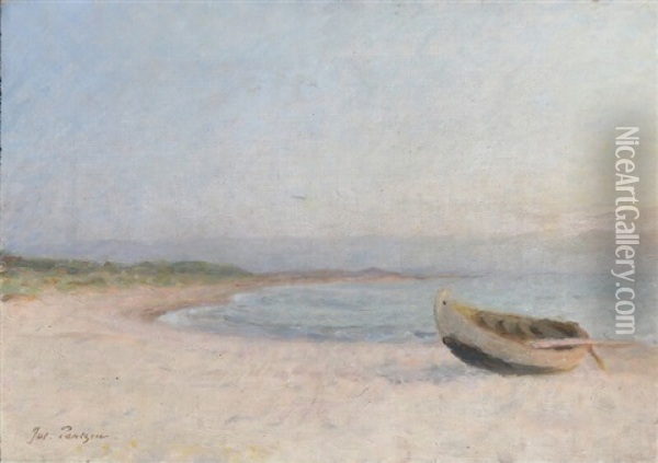 Coastal View With A Dinghy Drawn Up On The Beach Oil Painting - Julius Paulsen
