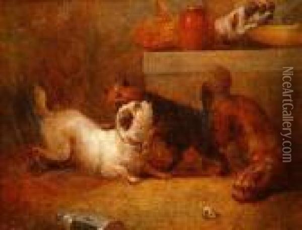 Three Dogsfighting And A Further Dog On A Marble Ledge In An Interior Oil Painting - George Armfield