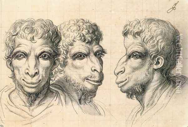 Physiognomic Heads Inspired by a Camel c. 1670 Oil Painting - Charles Le Brun