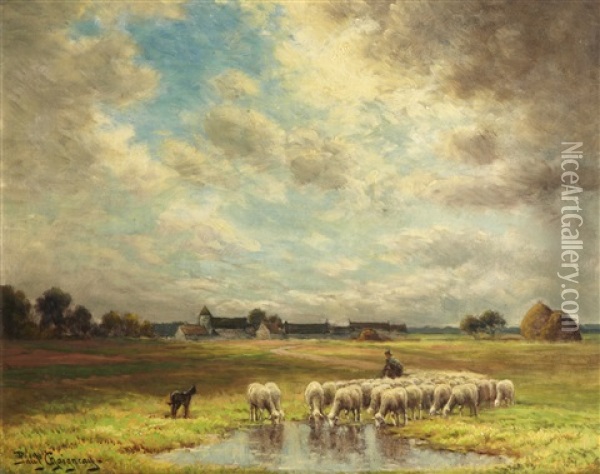 Le Berger Devant Le Village De Chailly Oil Painting - Paul Chaigneau