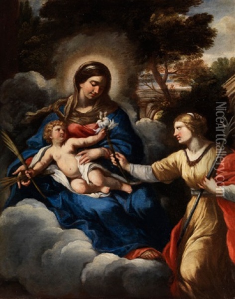 Maria Mit Dem Kind In Wolken Und Der Heiligen Klara Von Assisi Oil Painting - Pietro da Cortona