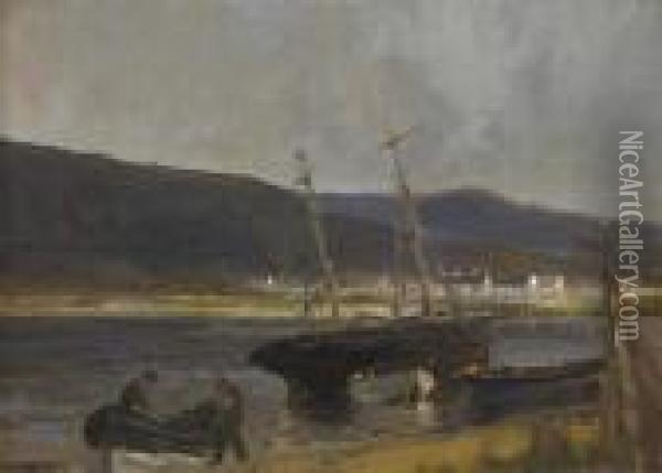 Rha Rua Boats At Waterfoot Bay,
 County Antrim Signed Lower Left Oil On Canvas Board 25 By 36cm., 10 By 
14in Oil Painting - James Humbert Craig