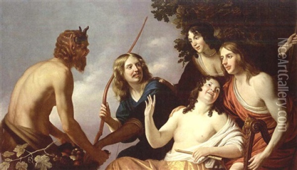 Pan Presenting Grapes To A Party Of Young Men And Women (in Collab. W/artist's Studio) Oil Painting - Gerrit Van Honthorst