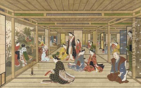 Perspective View Of Amusements In An Interior Oil Painting - Torii Ii Kiyonobu