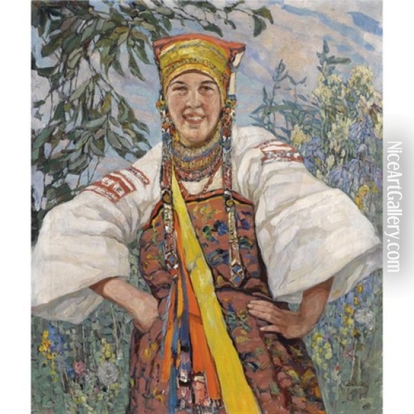 Young Woman In Traditional Ukrainian Costume Oil Painting - Konstantin Semionovich Vysotsky