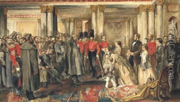 Queen Victoria Receiving Her Guards On Their Return From Thecrimean War Oil Painting - William Hare