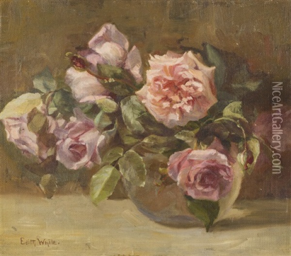 Vase Of Pink Roses Oil Painting - Edith White