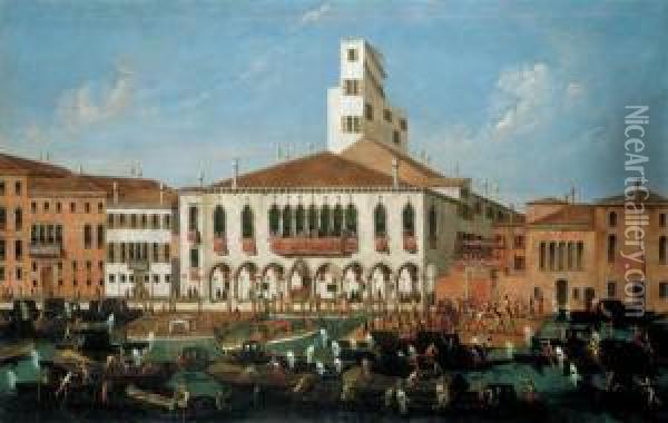 The Palazzo Correr, Venice, With
 A Senator And His Attendants Watching Wrestlers On A Pontoon, And 
Numerous Vessels On The Grand Canal Oil Painting - Gabriele Bella
