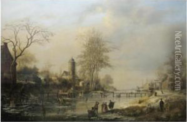 Figures On A Winter Landscape Oil Painting - Johannes-Bertholomaus Dutntze