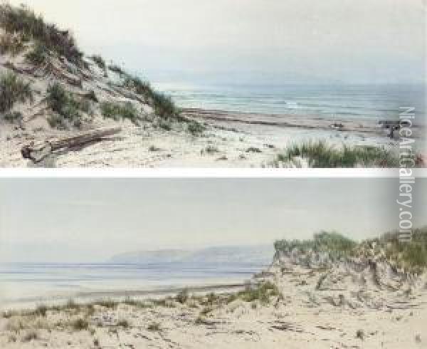 Driftwood On The Beach At Bideford, Devon; And The Dunes At Bideford Oil Painting - Henry Sandercock