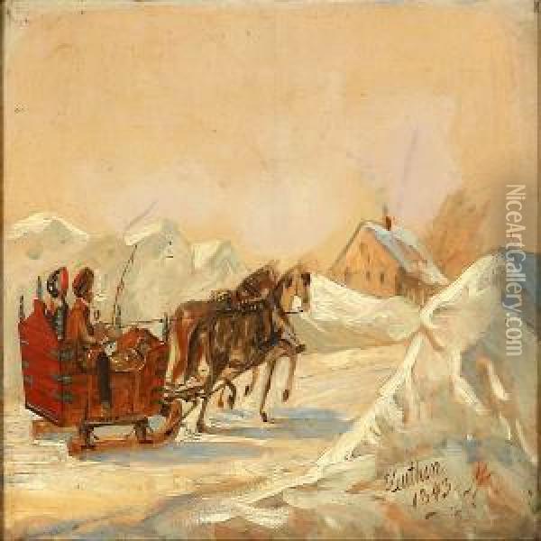 Sledge Driving In A Winter Landscape Oil Painting - Christian Olavius Zeuthen