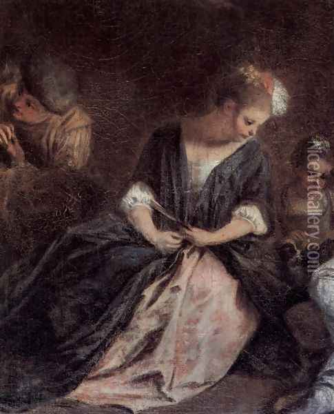 The pastime of the Italian Komoedianten (detail) Oil Painting - Jean-Antoine Watteau