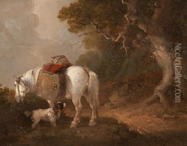 White Pack Horse And A Dog Beside An Oak Tree Oil Painting - Edward Robert Smythe