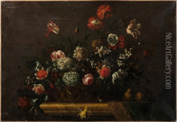 Corbeille De Fleurs Sur Un Entablement Oil Painting - Jean-Baptiste Monnoyer