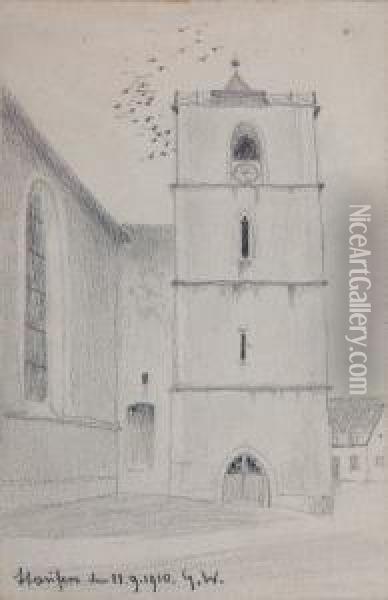 Gotischer Kirchturm In Staufen. Bleistiftzeichnung Oil Painting - Gustav Wunderwald