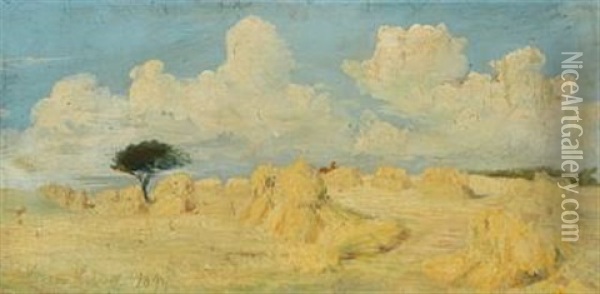 Danish Summer Landscape With Haycocks In The Field Oil Painting - Soren Jorgensen Lund