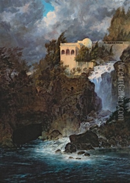 Bauwerk Am Wasserfall Oil Painting - August Pezzey Jr.