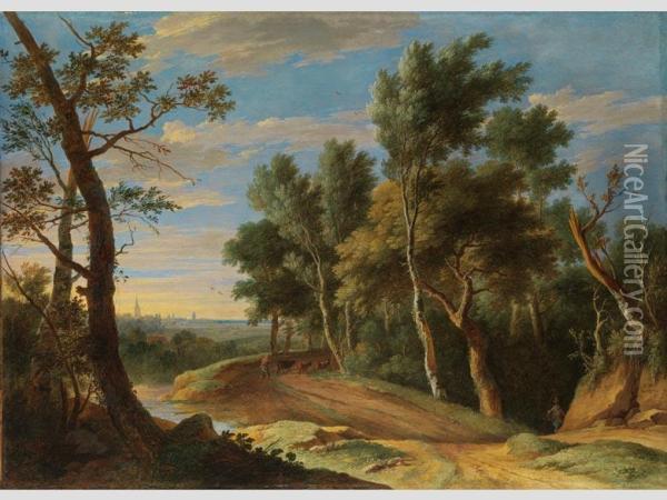 Waldlandschaft Mit Hirten Und Ihren Rindern Oil Painting - Caspar Andriaans Van Wittel