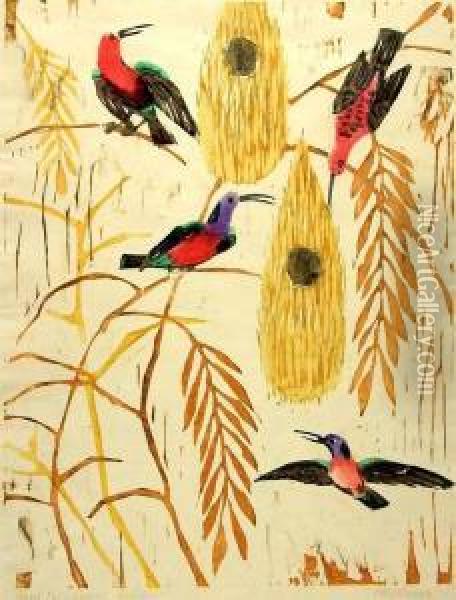 Kolibris Um 1915 Signiert Unten 
Rechts Und Als ''hand Selbstdruck Kolibris'' Bezeichnet Unten Links Oil Painting - Otto Lange