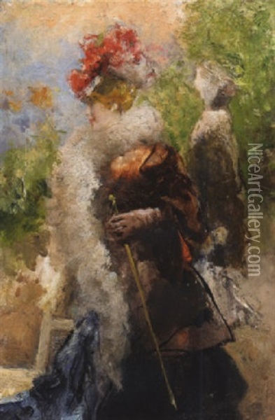 Donna Con Cappello E Bastone In Giardino Oil Painting - Pompeo Mariani