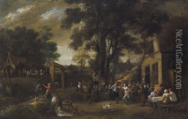 Zechende Und Musizierende Bauern Auf Einem Dorfplatz Mit Ausblick In Eine Flamische Landschaft Oil Painting - Matheus van Helmont