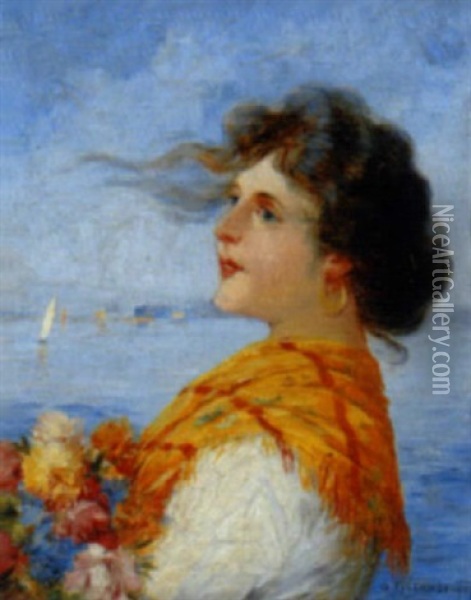 Venezianisches Blumenmadchen An Der Lagune Oil Painting - Georg Fischhof