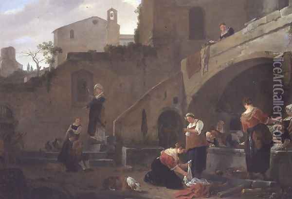 Washerwomen by a Roman Fountain Oil Painting - Thomas Wyck