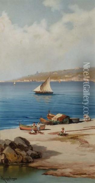 Spiaggia Conimbarcazioni E Bambini Oil Painting - Antonio Coppola