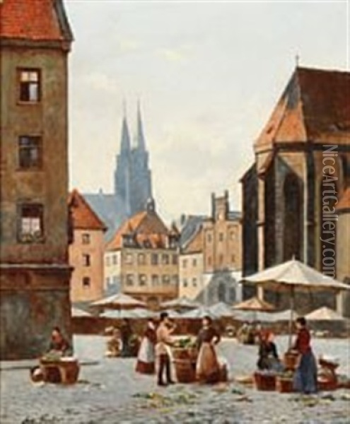 Street Scene From Nuremberg Oil Painting - August Fischer