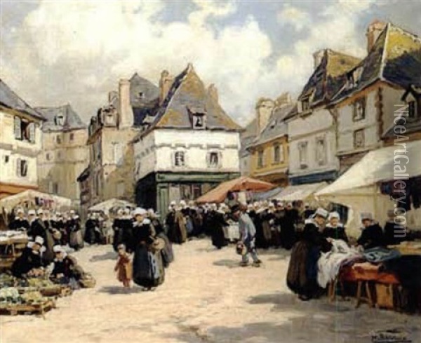 Marche De Quimper, Bretagne Oil Painting - Henri Alphonse Barnoin